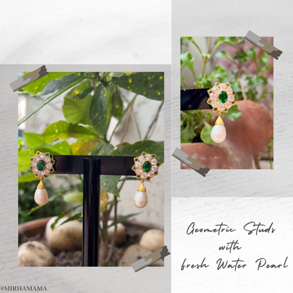 Geometric studs with Fresh water Pearl droplet in 925 later 24karat gold-plated.